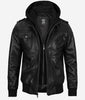 Mens Bomber Black Leather Jacket with Hood