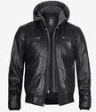 Mens Black Leather Hooded Moto Jacket