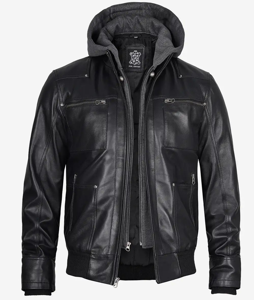 Mens Black Leather Hooded Moto Jacket
