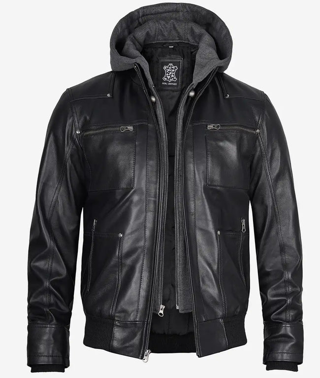Mens Black Leather Hooded Moto Jacket
