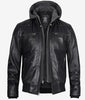 Mens Black Leather Hooded Moto Jacket