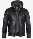Mens Black Leather Hooded Moto Jacket