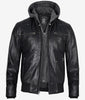 Mens Black Leather Hooded Moto Jacket