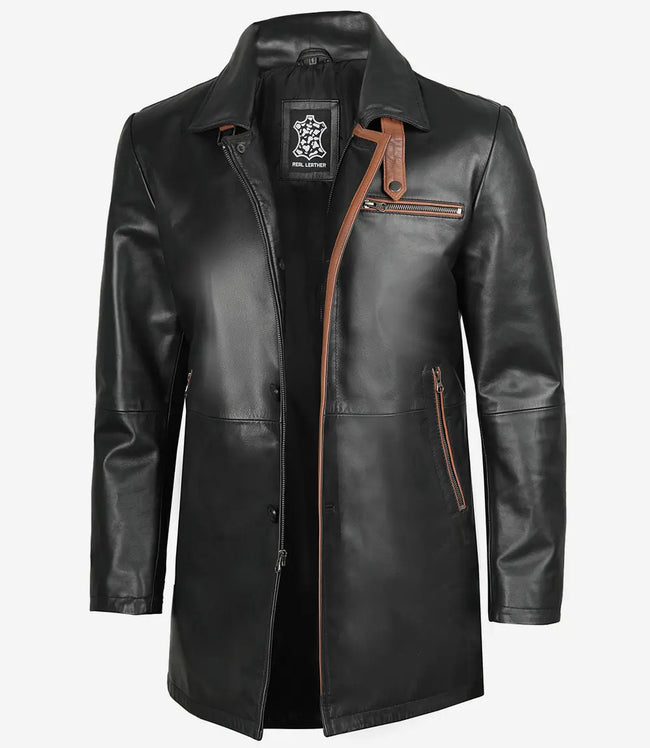 Mens Black Leather Coat With Brown Detailing
