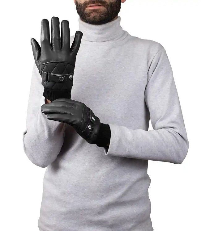 Mens Black Quilted Leather Gloves