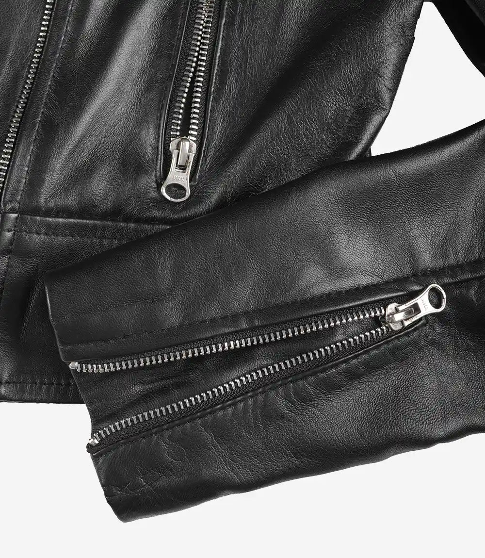 Womens Black Asymmetrical Cropped Leather Jacket