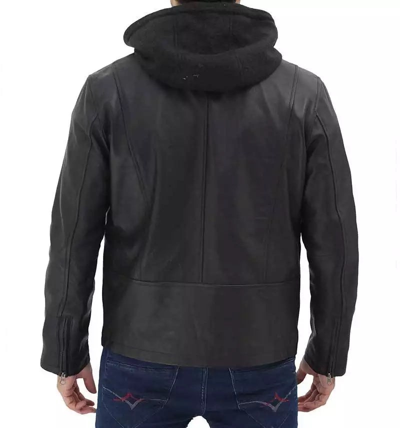 Mens Black Leather Jacket with Hood