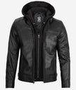 Mens Black Cafe Racer Leather Jacket With Detachable Hood