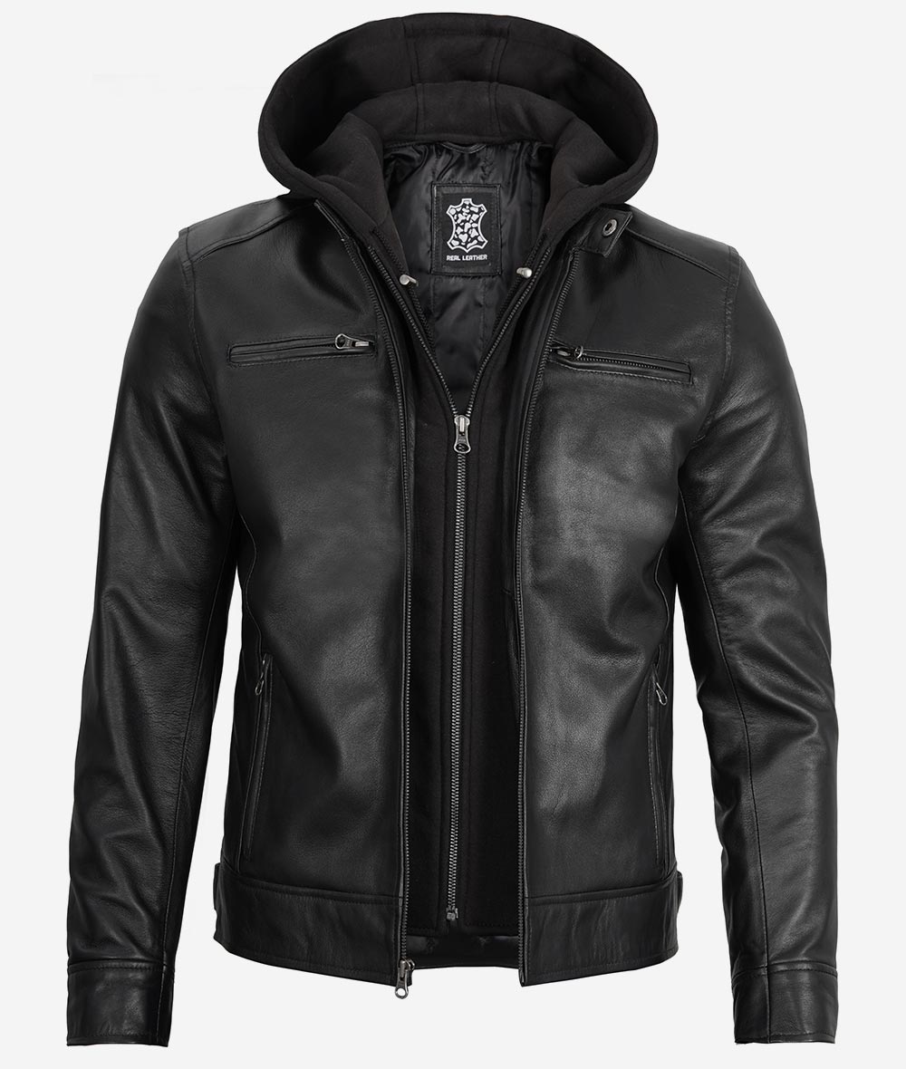 Mens Black Cafe Racer Leather Jacket With Detachable Hood