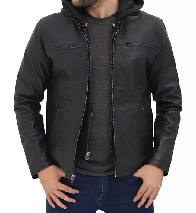 Mens Black Leather Jacket with Hood