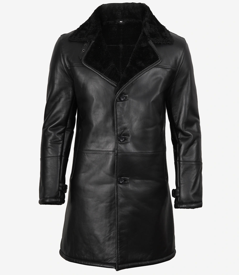 Men's Black 3/4 Length Shearling Leather Coat