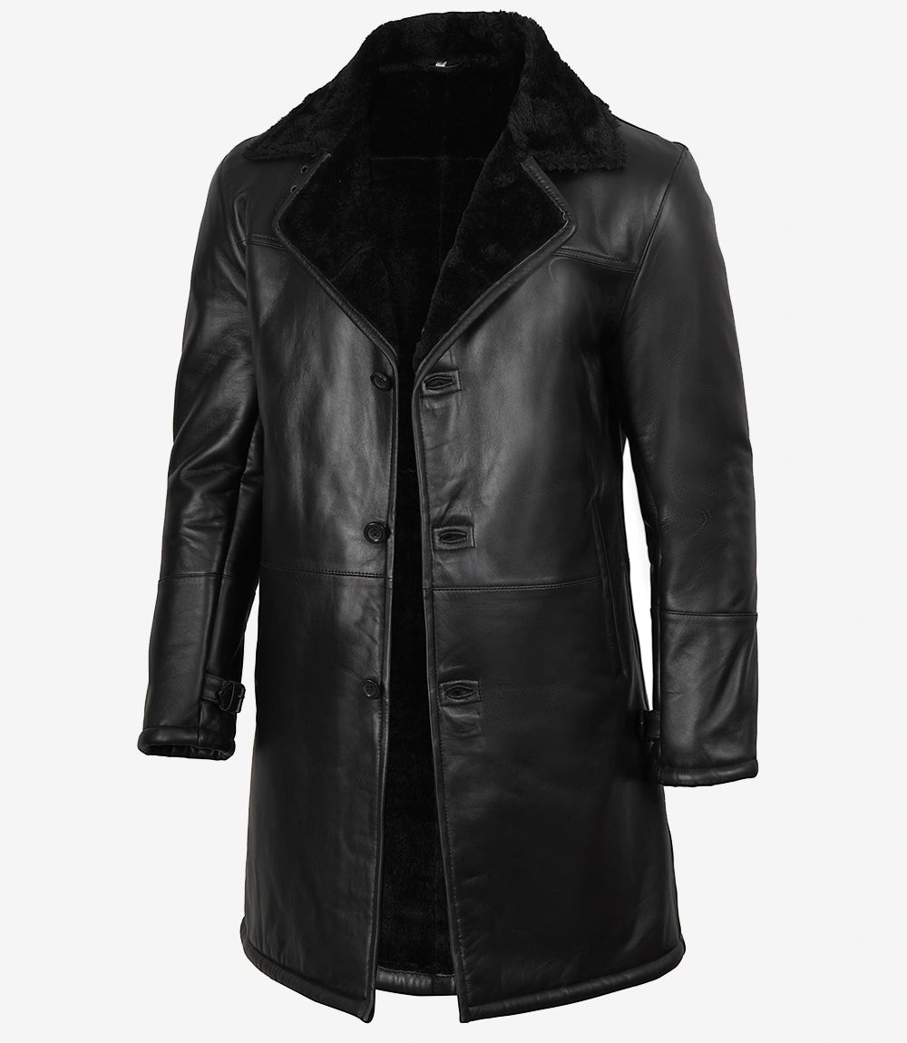 Men's Black 3/4 Length Shearling Leather Coat