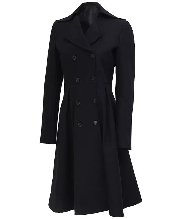 Womens Black Double Breasted Wool Coat