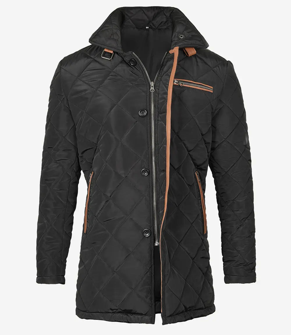 Mens Black Quilted Coat With Brown Detailing