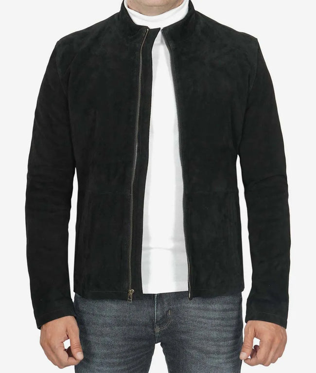 Mens Real Suede Leather Black Biker Jacket