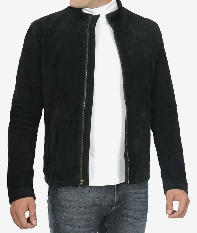 Mens Real Suede Leather Black Biker Jacket