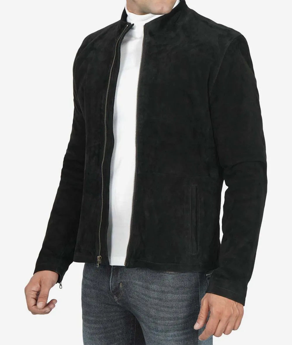 Mens Real Suede Leather Black Biker Jacket