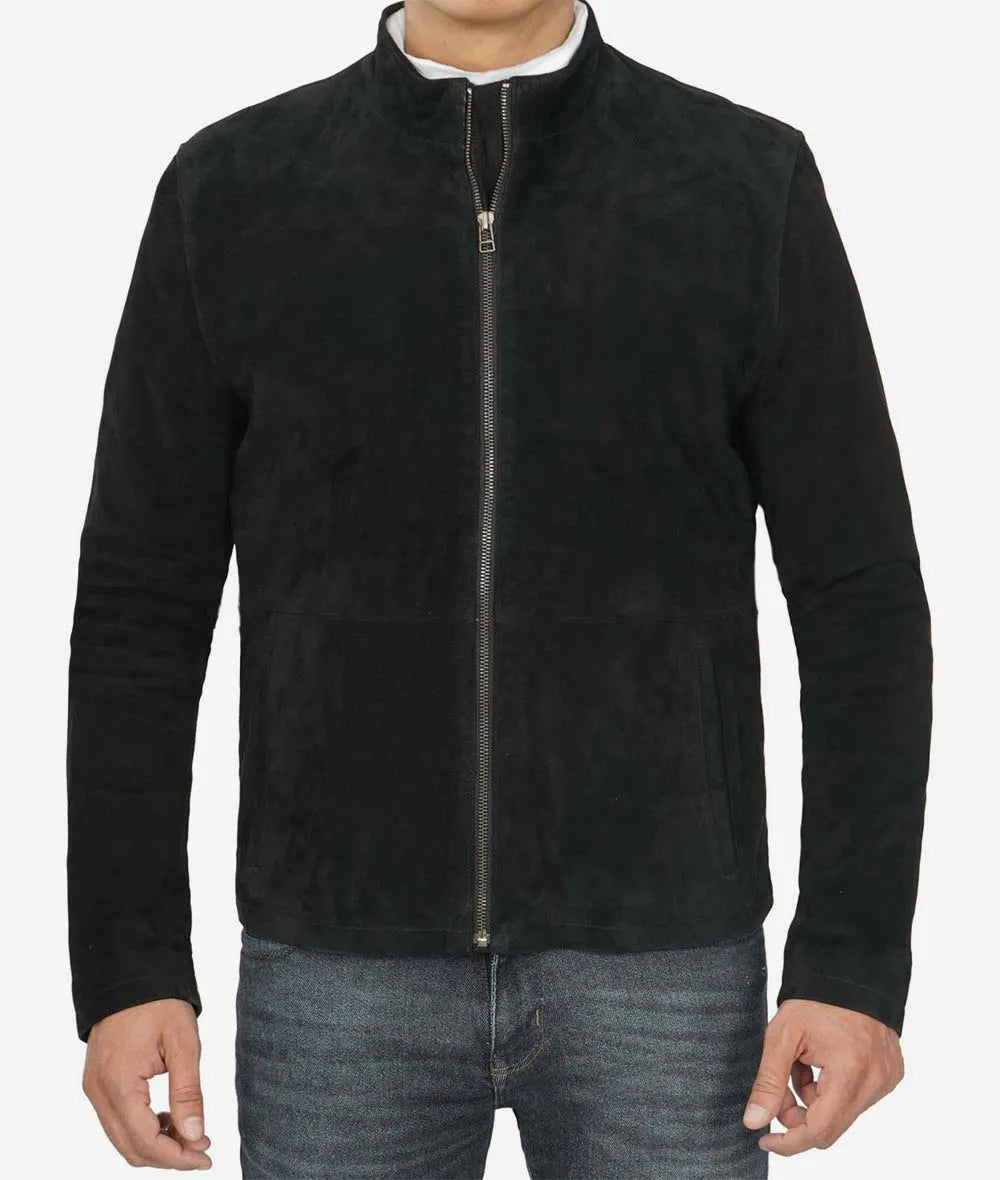 Mens Real Suede Leather Black Biker Jacket