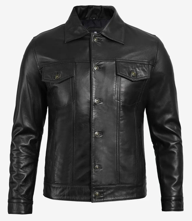 Mens Black Leather Trucker Jacket