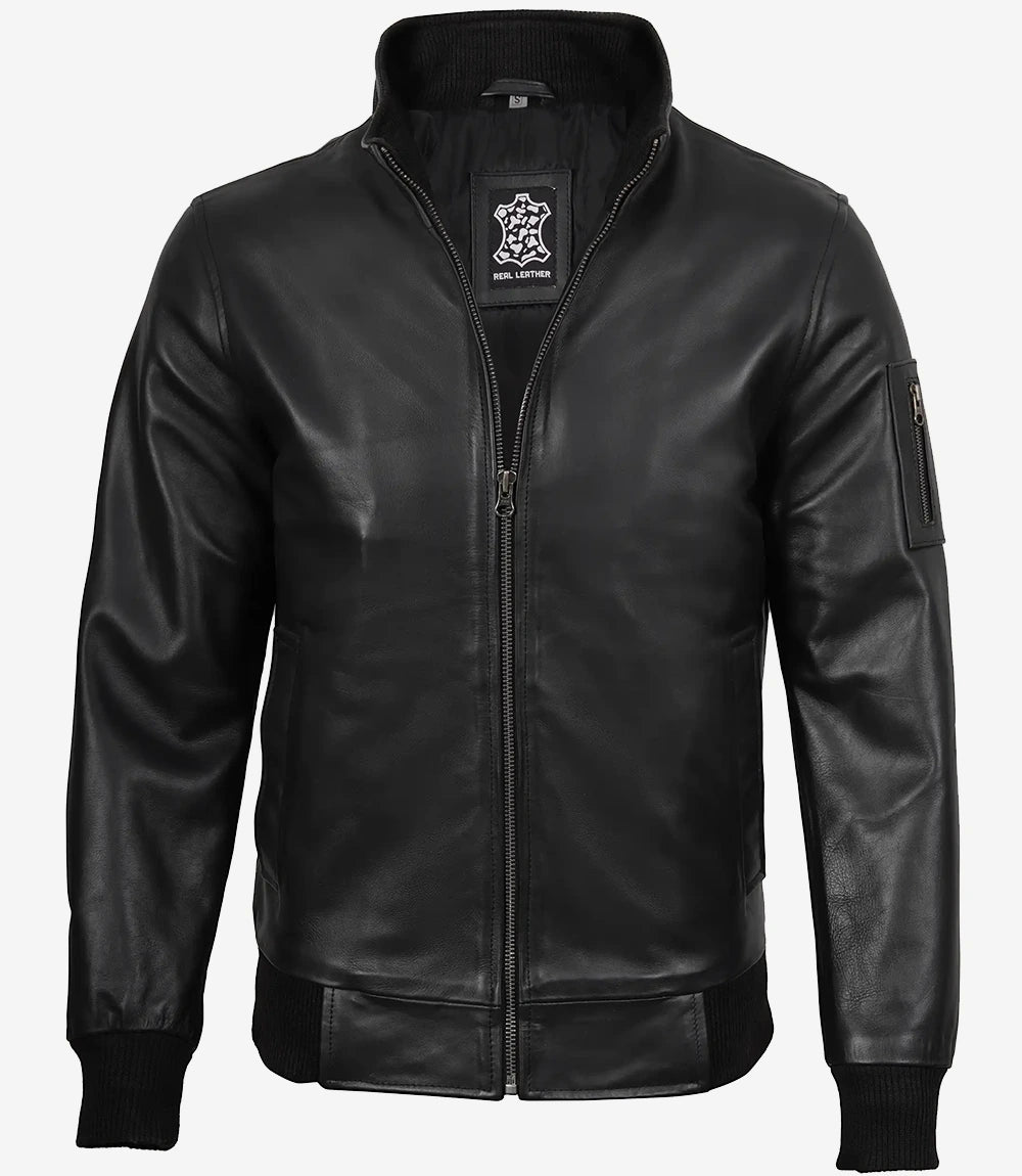 Men's Black Cowhide Leather Bomber Jacket