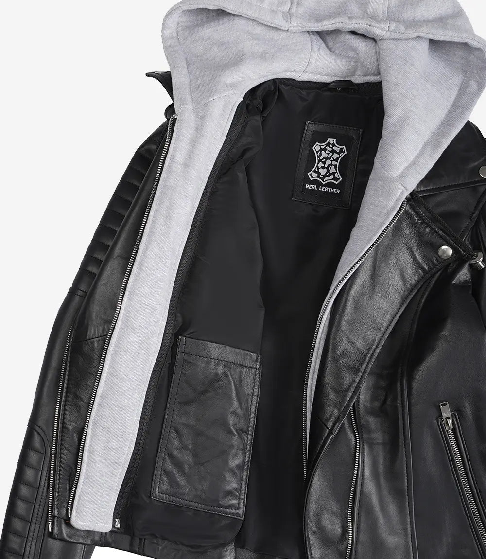 Womens Moto Black Leather Jacket with Hood