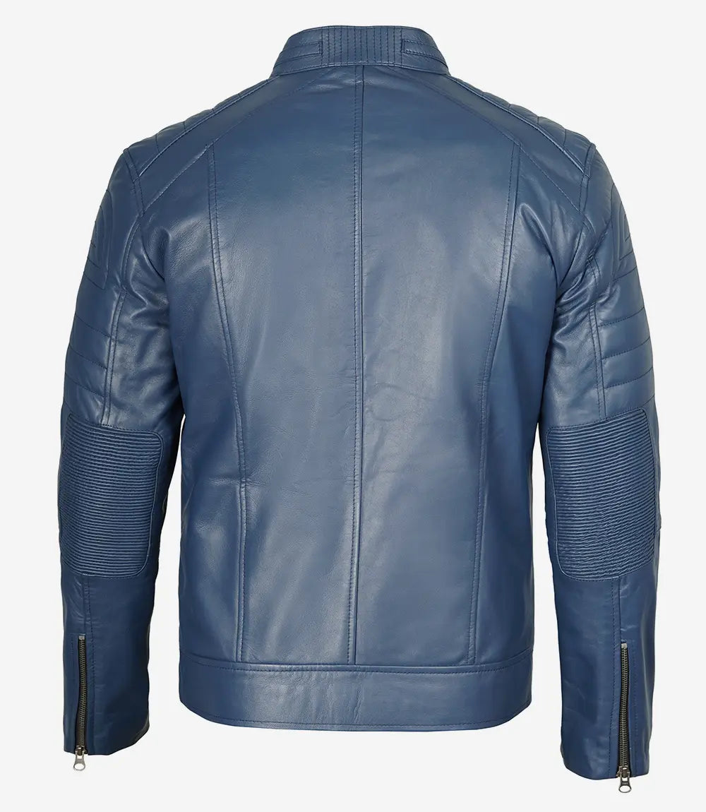 Mens Blue Cafe Racer Leather Jacket