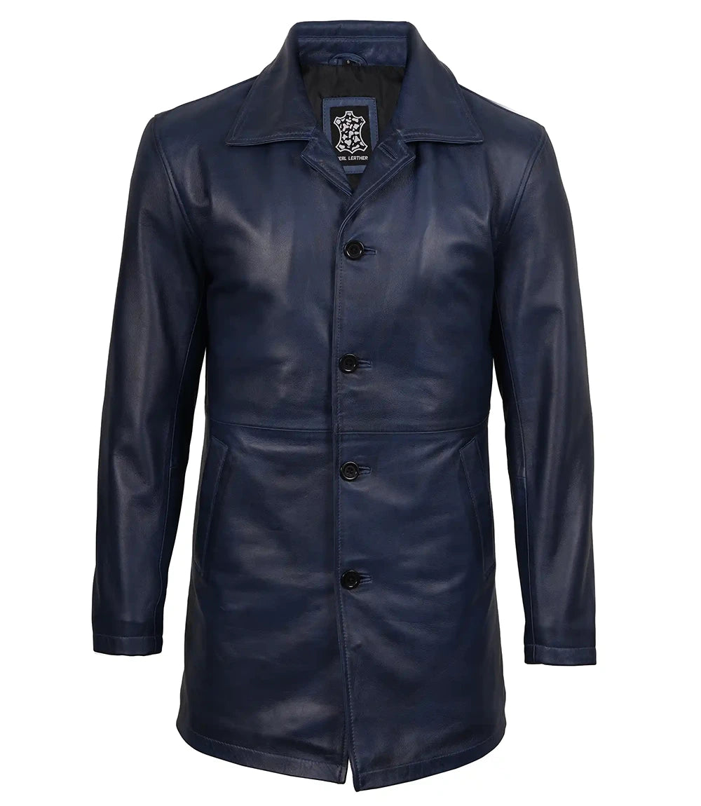 Mens 3/4 Length Blue Waxed Leather Car Coat