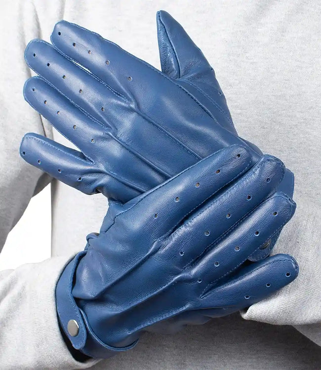 Mens Blue Leather Gloves With Adjustable Wrist