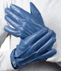 Mens Blue Leather Gloves With Adjustable Wrist