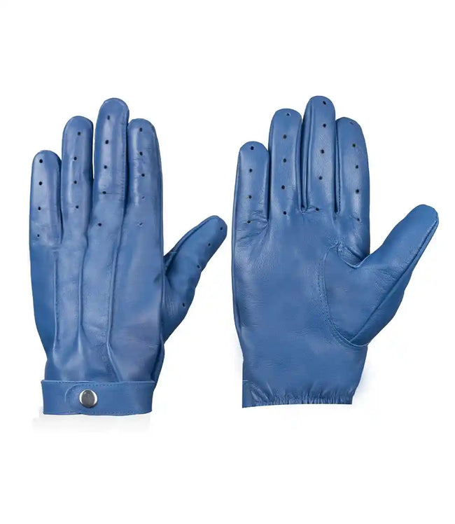 Mens Blue Leather Gloves With Adjustable Wrist