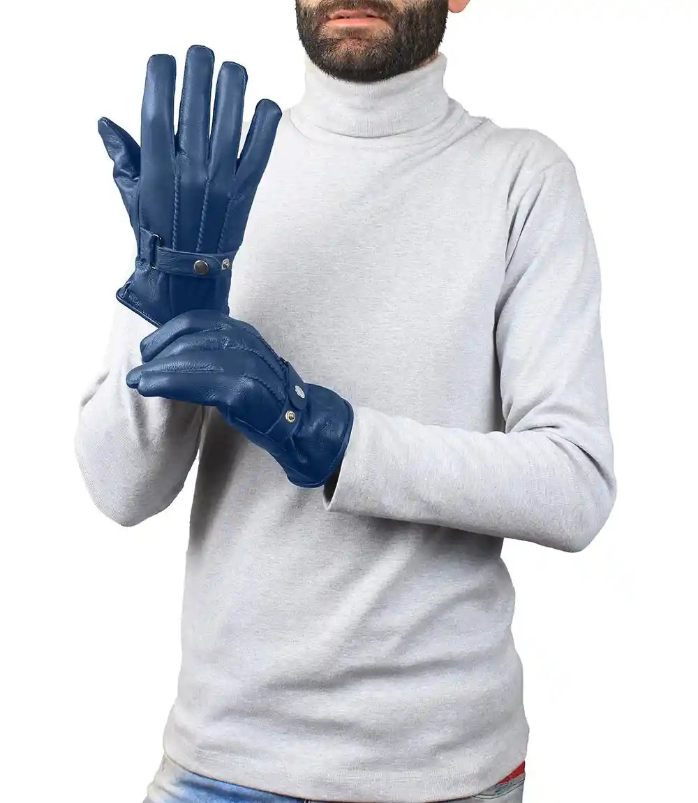 Mens Blue Real Leather Lined Gloves