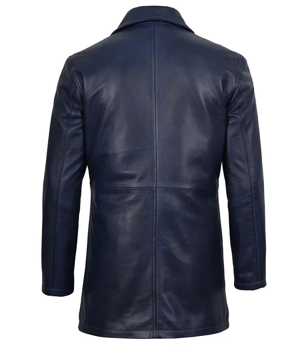 Mens 3/4 Length Blue Waxed Leather Car Coat