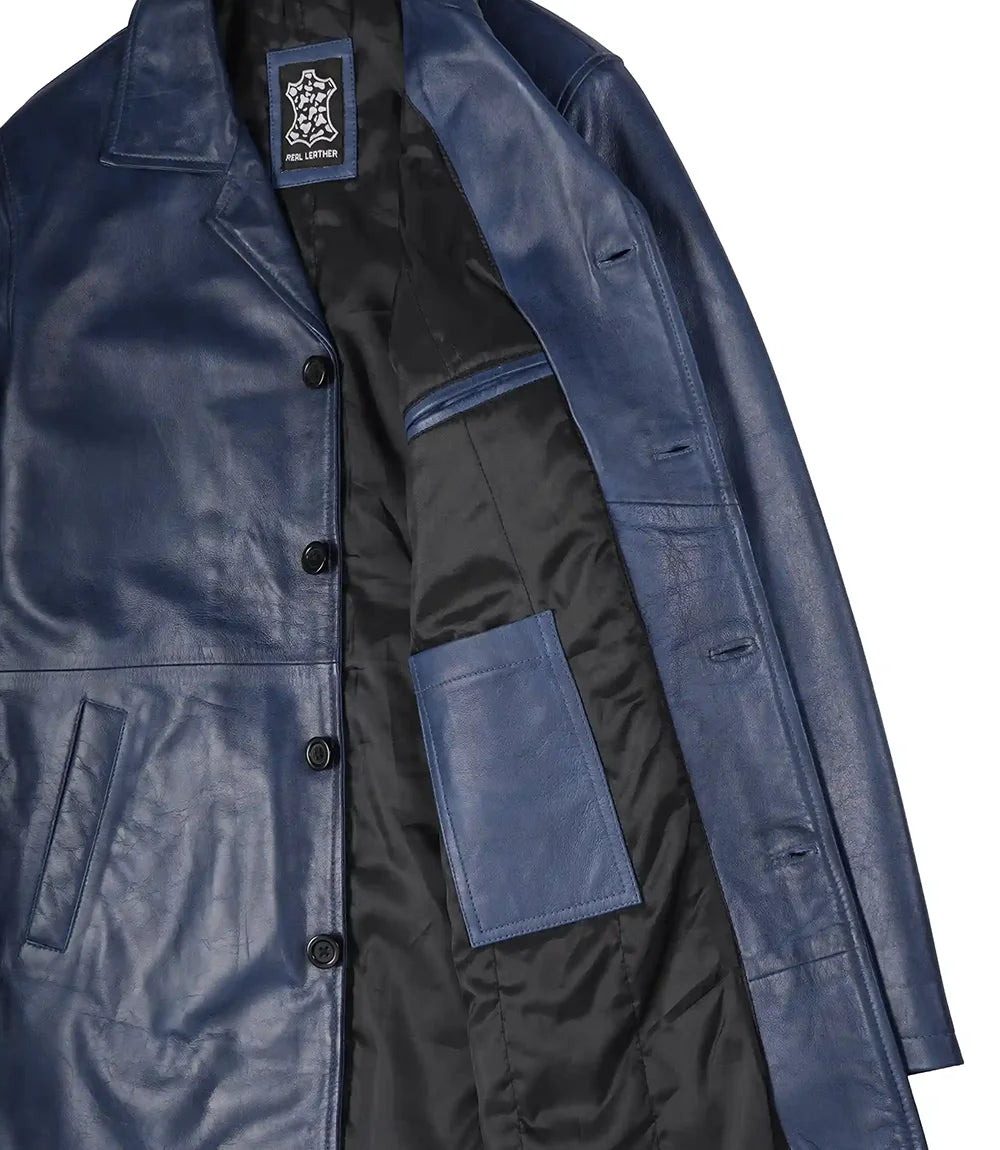 Mens 3/4 Length Blue Waxed Leather Car Coat