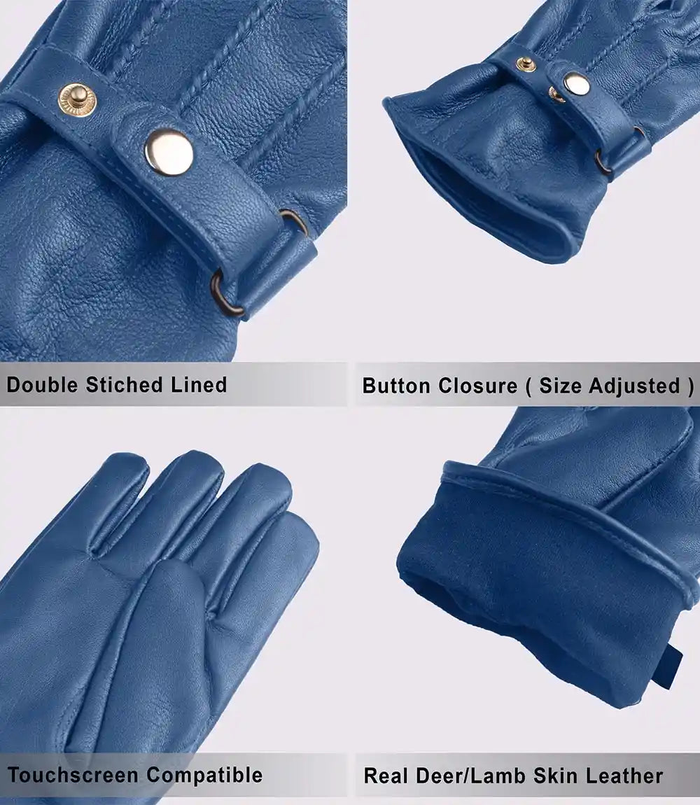 Mens Blue Real Leather Lined Gloves
