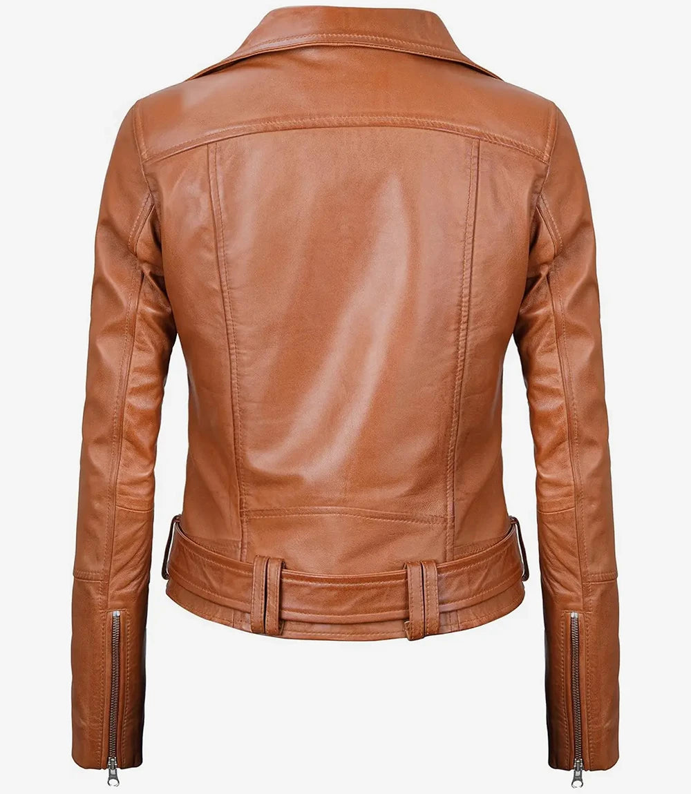 Womens Asymmetrical Belted Brown Leather Jacket