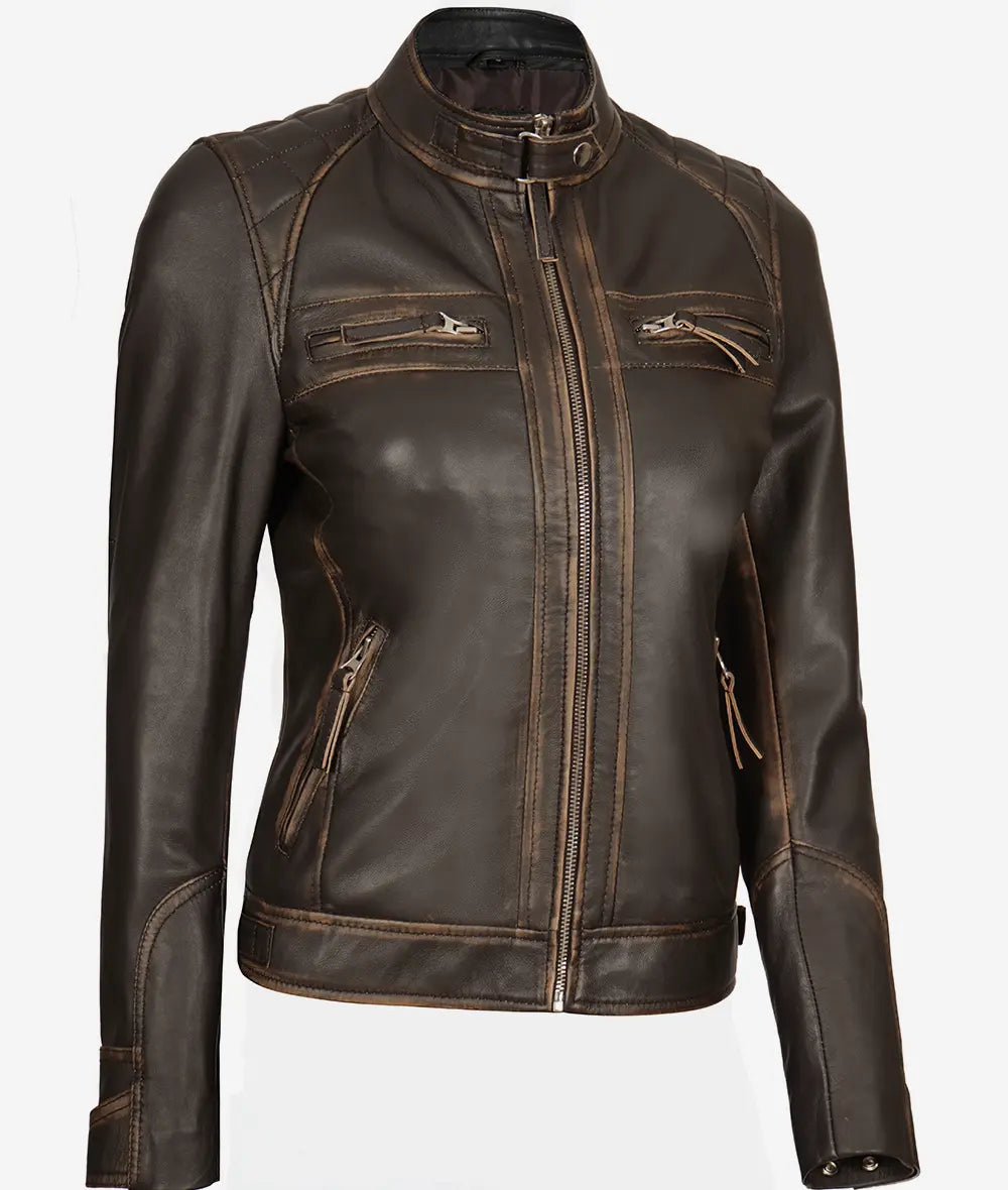 Womens Rub off Real Lambskin Leather Motorcycle Jacket