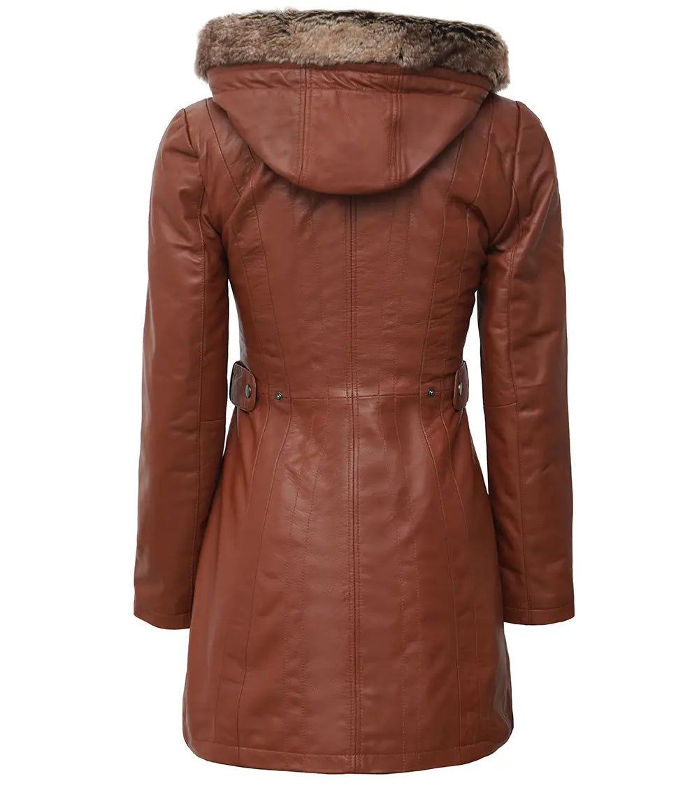 Womens Brown Leather Coat With Fur Hood