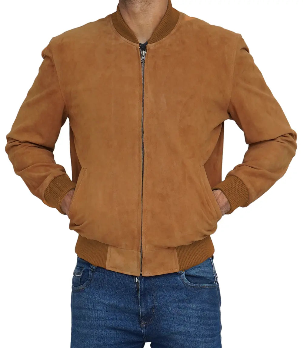 Mens Suede Brown Bomber Leather Jacket
