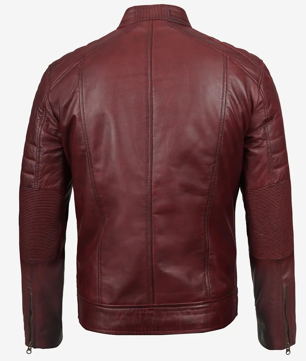 Mens Maroon Distressed Cafe Racer Leather Jacket