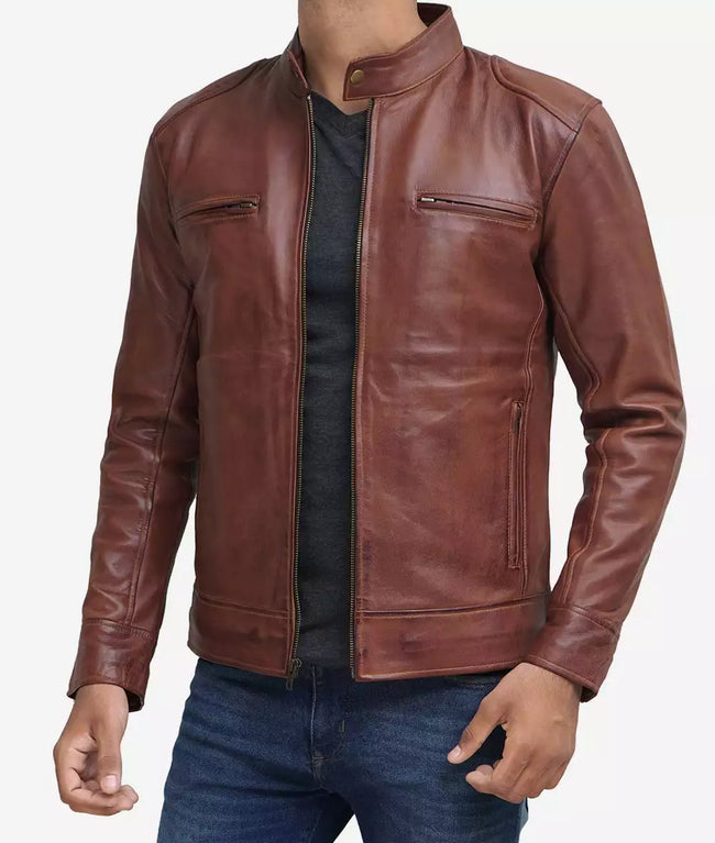 Mens Tall Cognac Brown Leather Cafe Racer Jacket