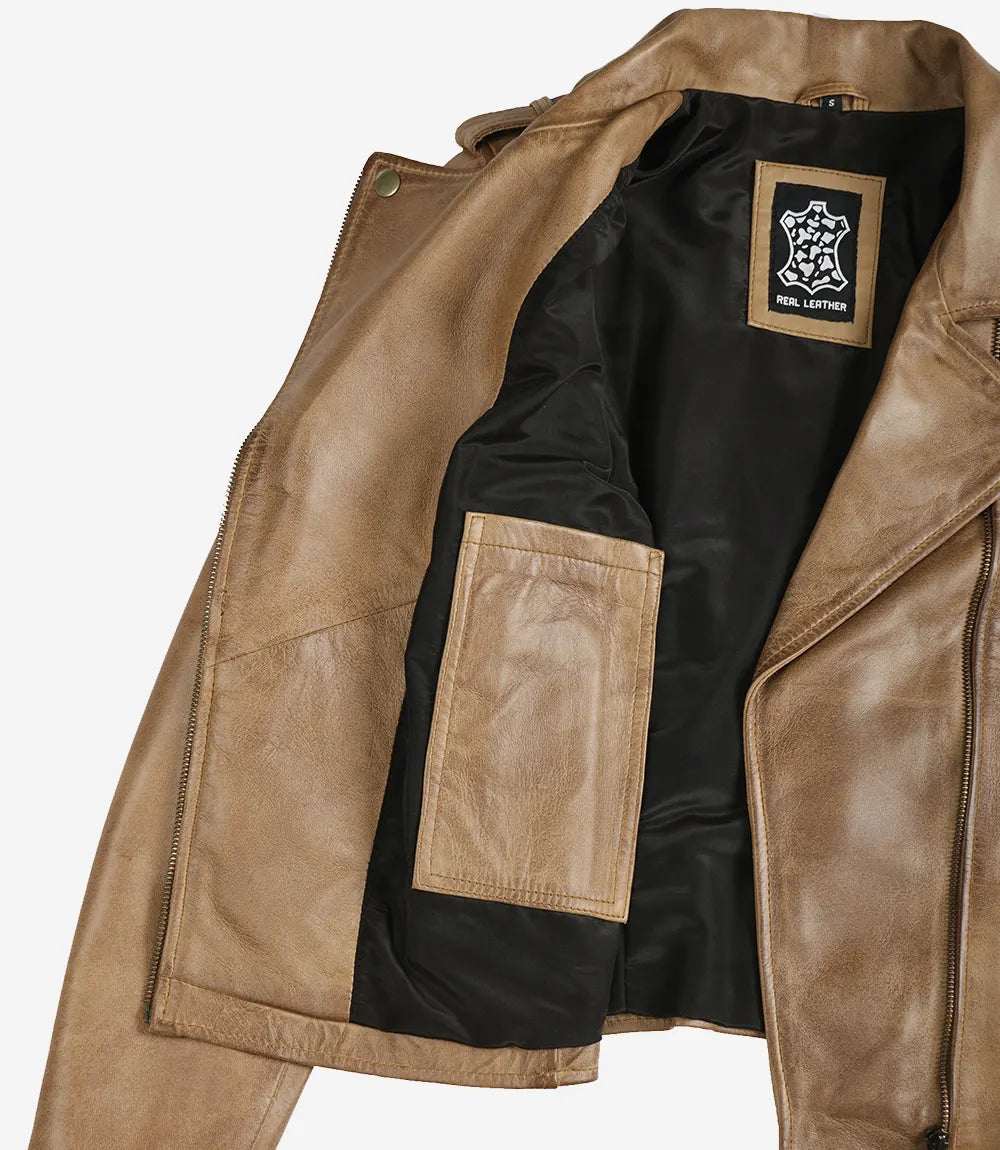 Leather Asymmetrical Camel Biker Jacket Womens