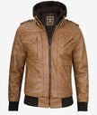 Mens Camel Brown Bomber Leather Jacket With Hood