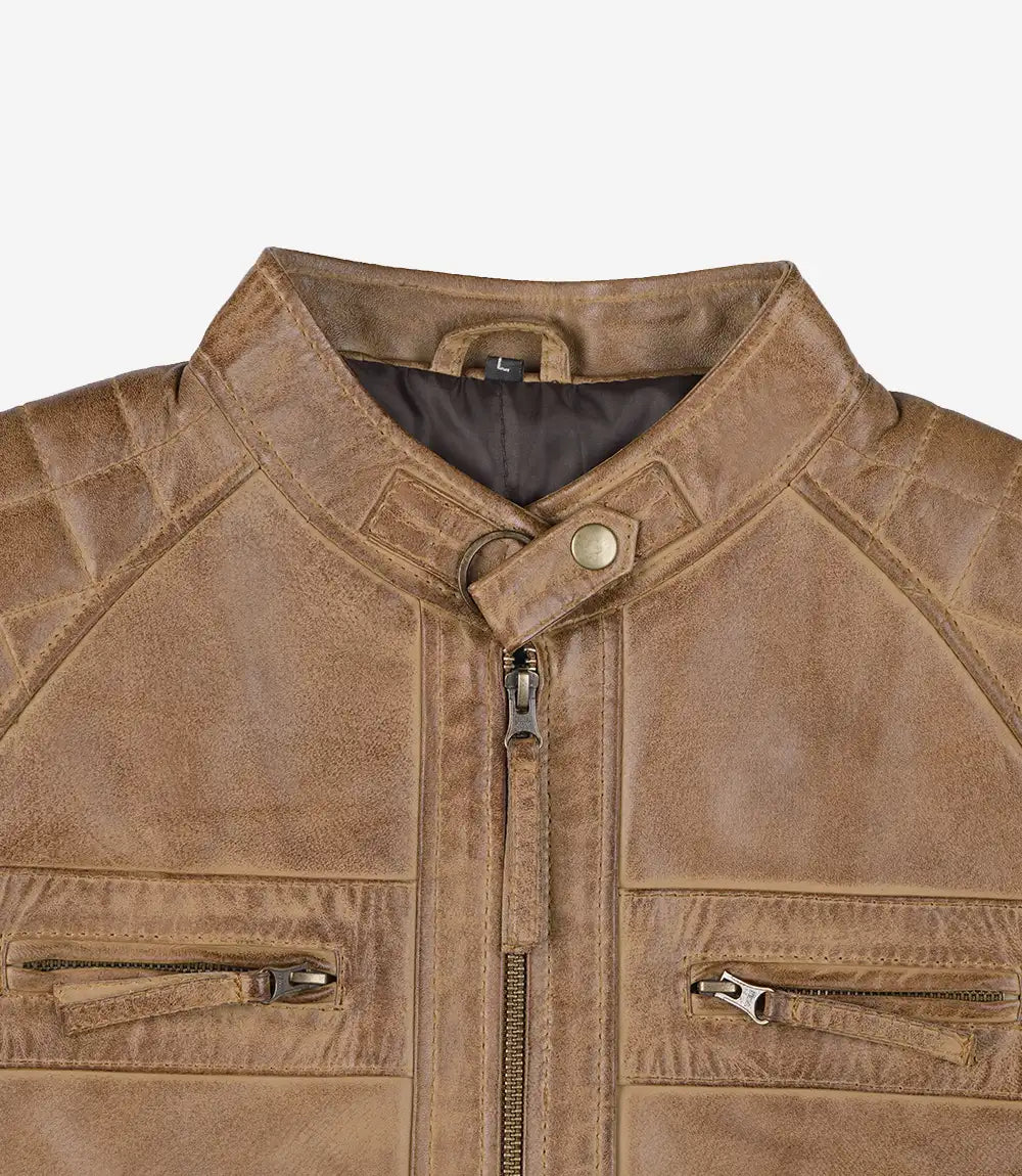 Mens Tall Camel Brown Quilted Leather Biker Jacket