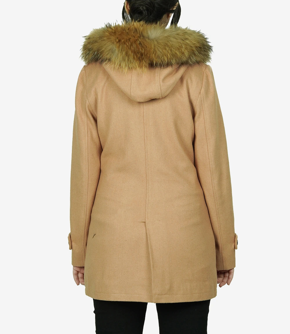 Womens Camel Wool Coat With Fur Trim Hood