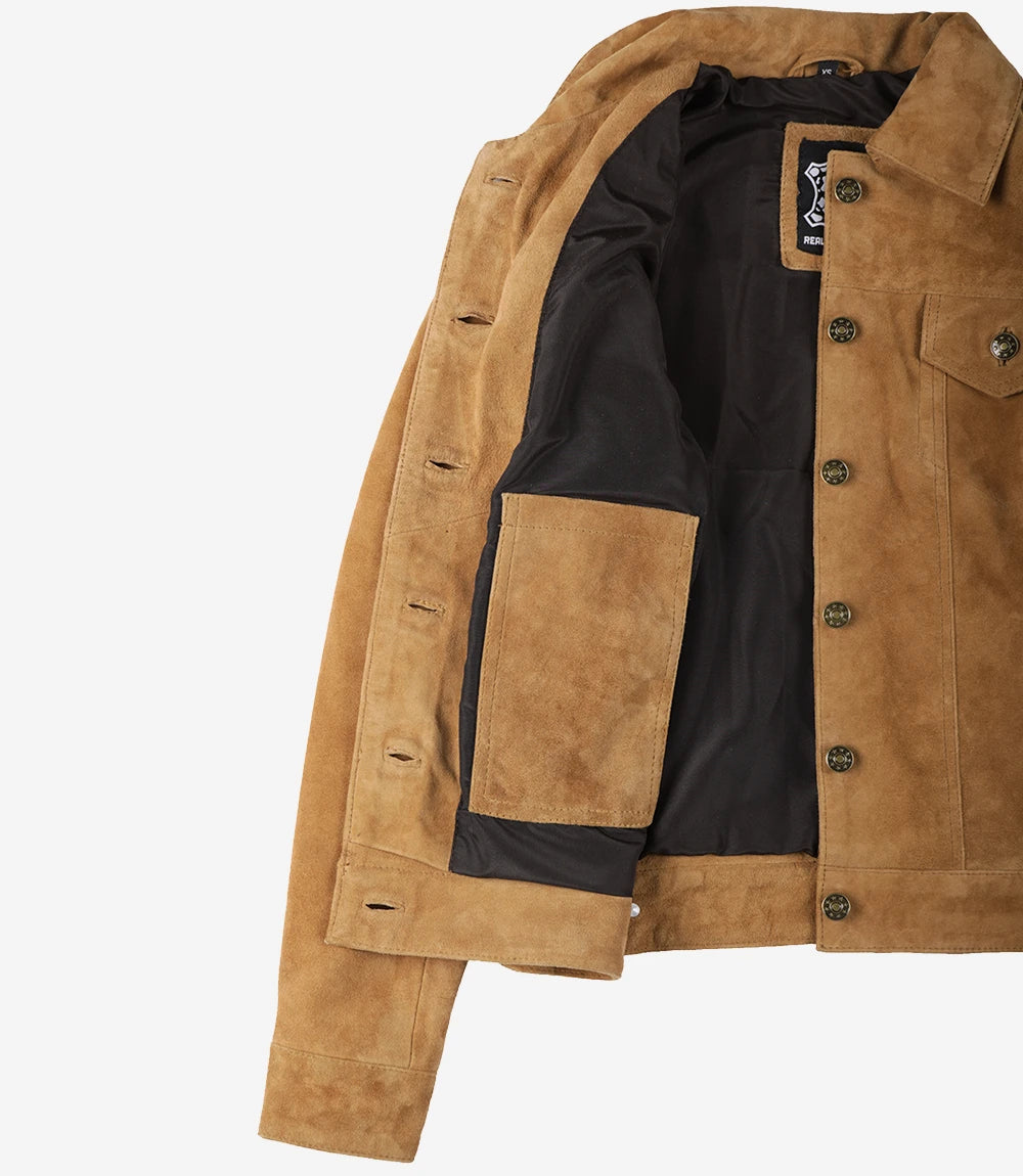 Womens Light Brown Suede Leather Trucker Jacket