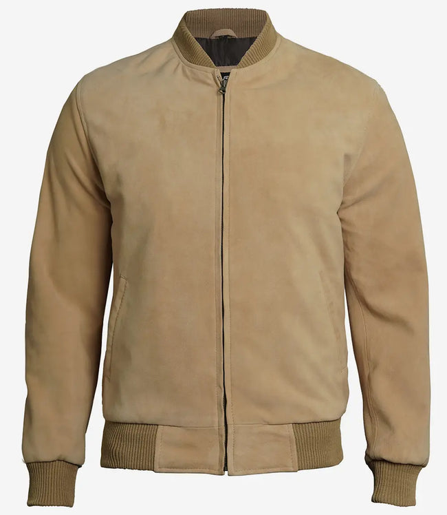 Suede Bomber Camel Leather Jacket Mens