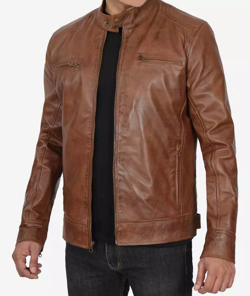 Mens Chocolate Brown Cafe Racer Motorcycle Leather Jacket