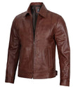 Mens Tall Brown Shirt Collar Harrington Leather Jacket