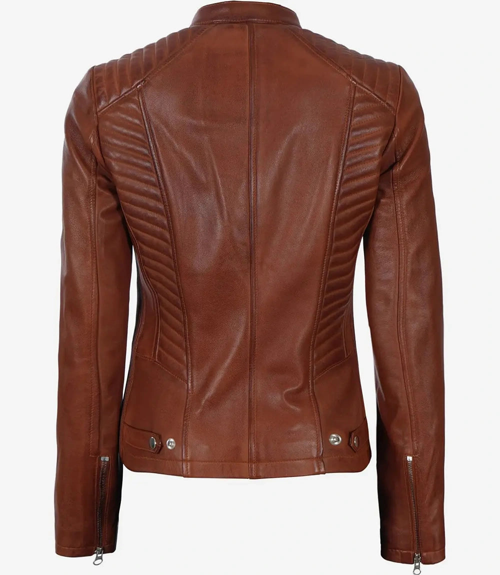 Womens Real Leather Cognac Biker Jacket