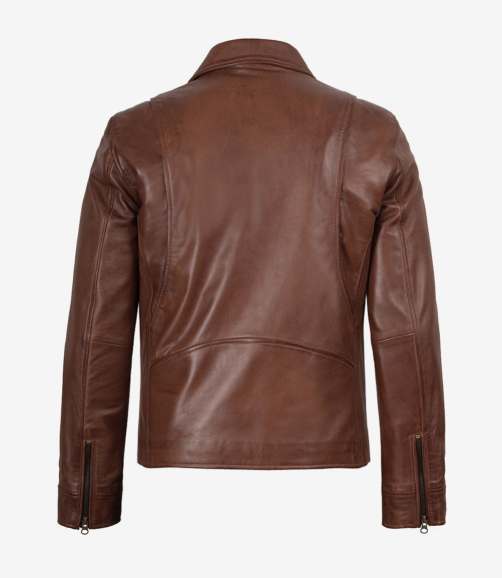 Mens Classic Shirt Collar Cognac Leather Jacket